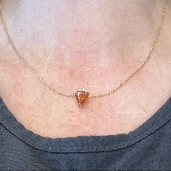 14K Y Gold Necklace: Natural Orange Citrine Trillion Shaped Pendant & Diamonds. - Picture 6 of 6